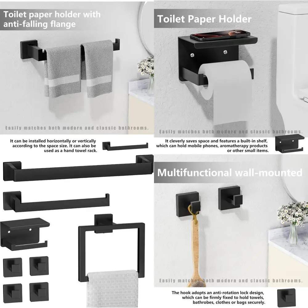Contemporary 8-Piece Bathroom Hardware Set in Matte Black: Includes Towel Racks, Bar, Hooks, Holder, and Ring