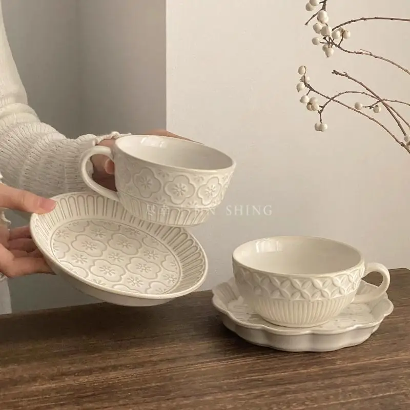 Mug French Relief Latte Latte Ceramic Coffee Cup and Saucer Retro High-end Delicate High Appearance Level Home