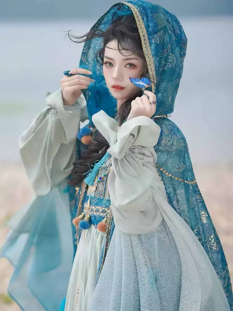 Exotic Ethnic Hanfu Women Embroidery Cape Set Blue Feather Decor Ancient Chinese Cosplay Outfit Luxury Tang Dynasty Hanfu Costum