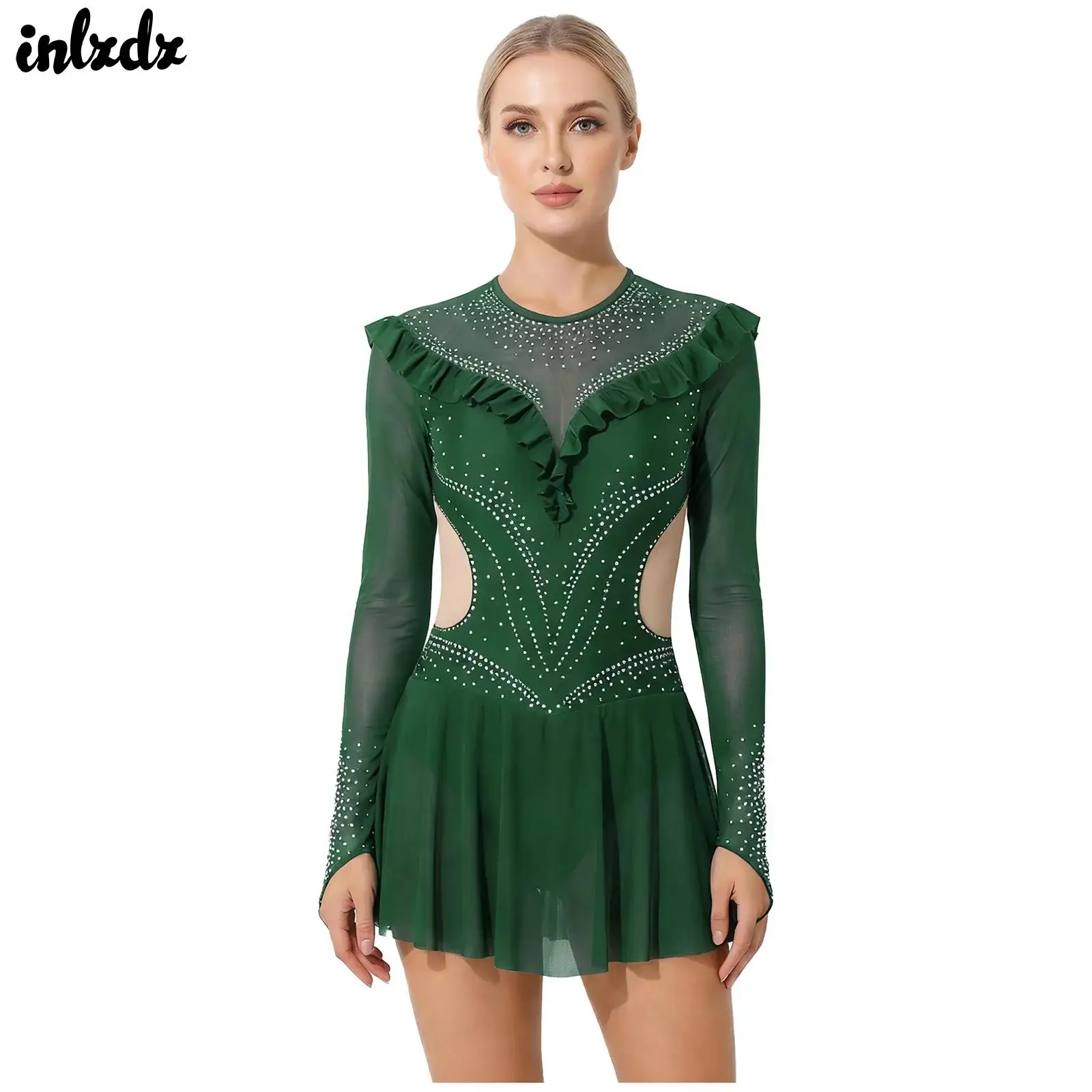 

Womens Gymnastics Figure Skating Leotard with Mesh Skirt Jumpsuit Rhinestone Mesh Ruffled Trims Ballet Dance Bodysuit Dress
