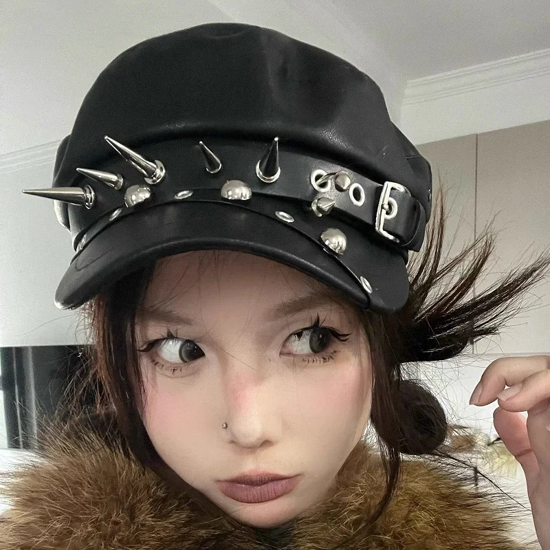 

Unisex style Harajuku Gothic Lolita Hat Women Men Punk Biker Style beret subculture metal Cap Streetwear Rivet spike Arm Cap