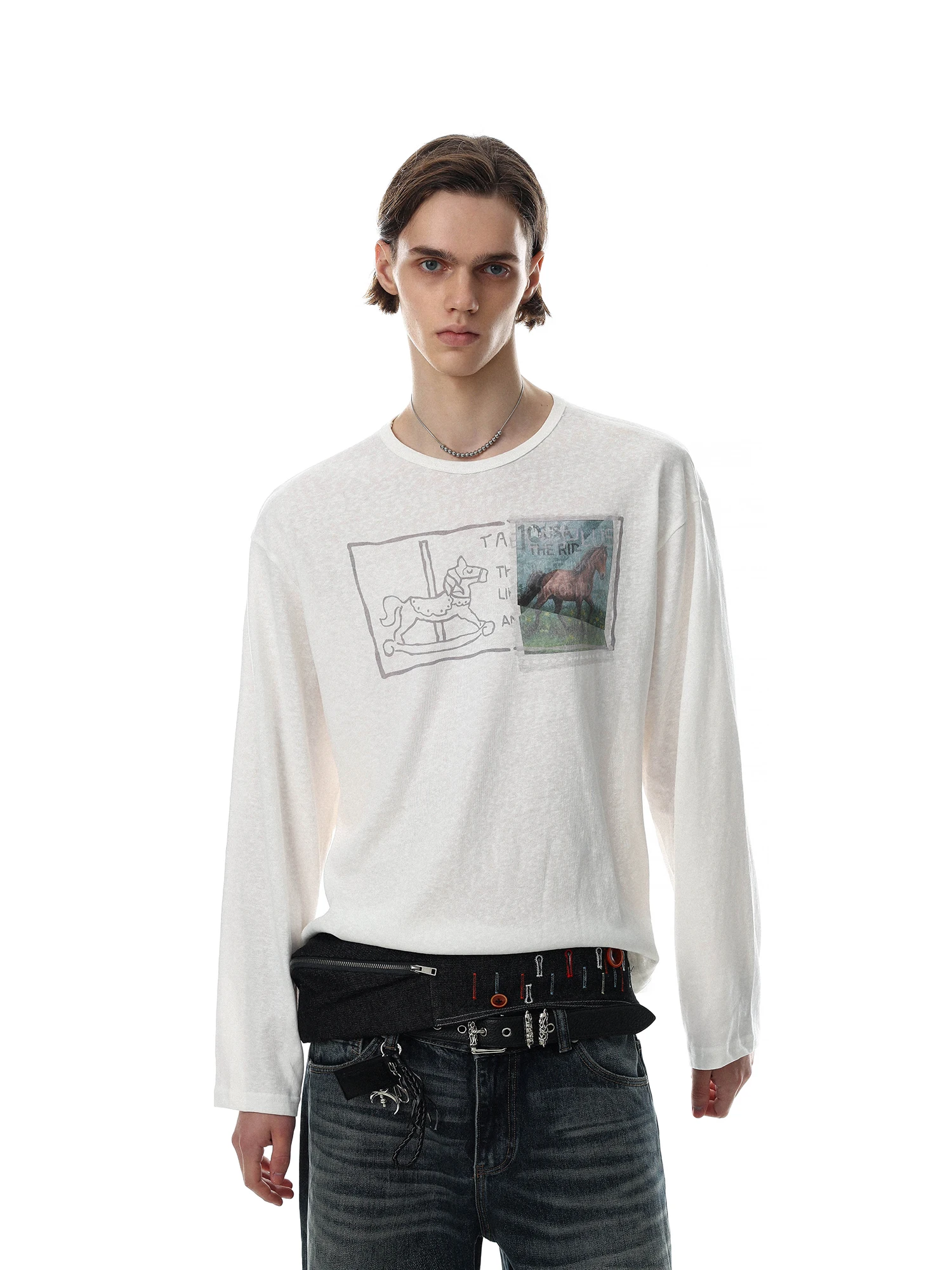 American Retro Stamp Print Long Sleeve Loose Fit round Neck Men's T-Shirt Versatile Top MR NEARLY Brand 2026 Trendy Loose T-S...