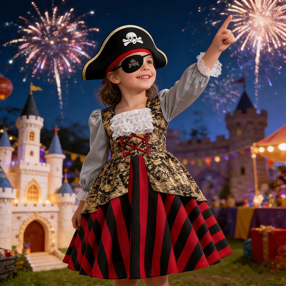 Fashion Lace Princess Dress for Carnival Kids Girl Pirate Cosplay Costumes Captain Clothes+accessories Children's Birthday Dress