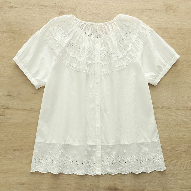 

Japanese Sweet Mori Girl Solid Color Lace Embroidery Cotton White Shirts Women Summer O-Neck Short Sleeve Casual Loose Blouse