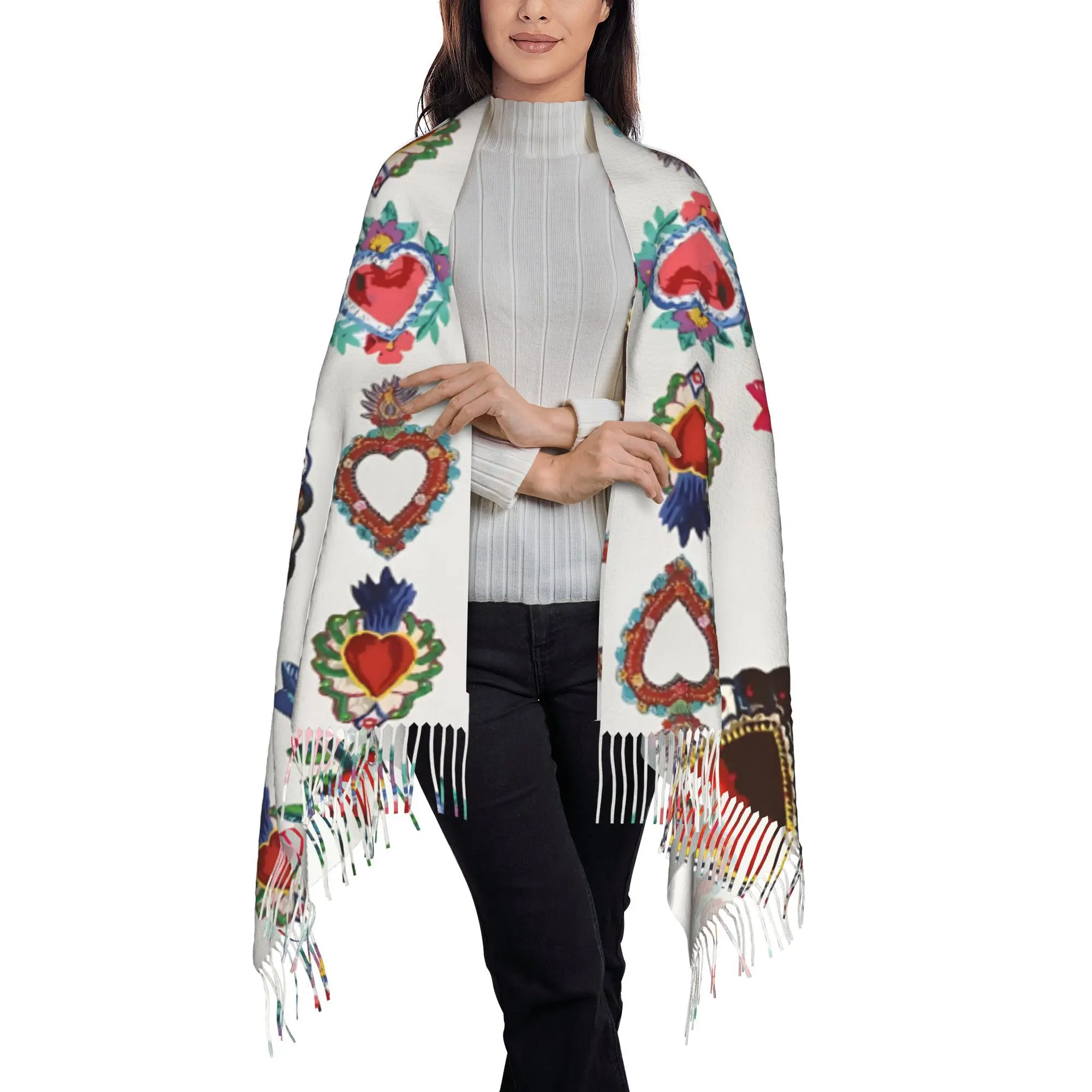 Sacred Tin Red Heart Mexican Folk Bright Maximalist Decoration Milagritos Ladies Tassel Scarf Ladies Shawl
