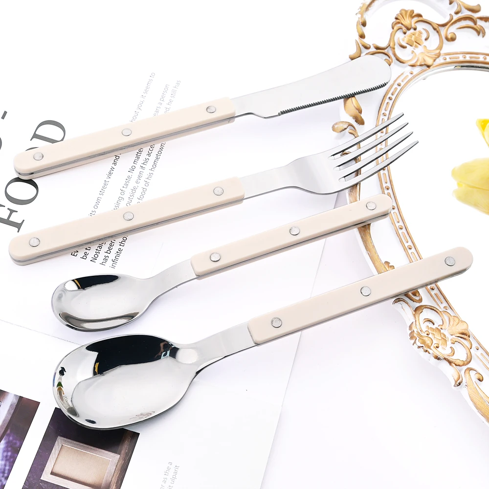 Beige Silber 4/16 Stücke Geschirr Acryl Griff Messer Gabel Löffel Set Edelstahl Besteck Set Westlichen Abendessen Küche besteck – Detail 3