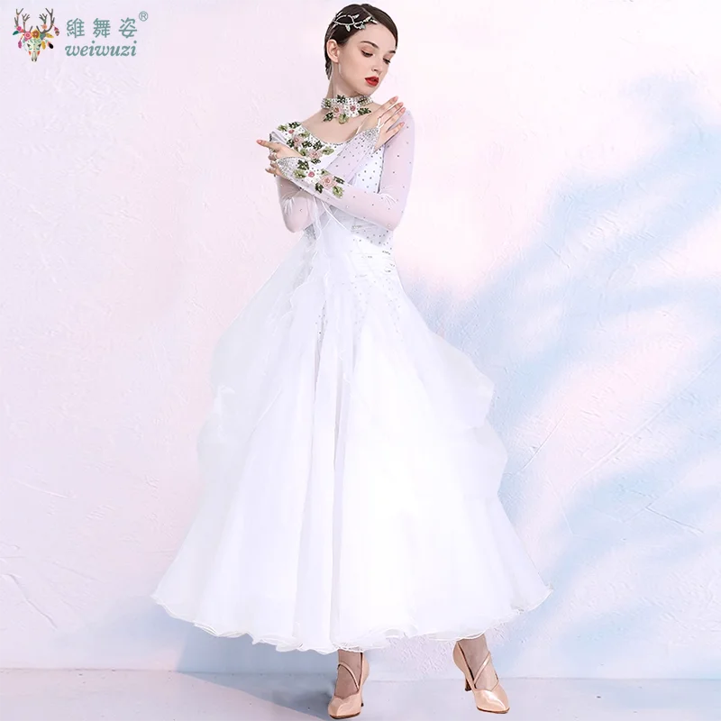 فستان أداء الرقص الحديث خرز مخيط يدويًا أرجواني بأكمام طويلة فستان الفالس التانغو زي البطولة الدولية #5