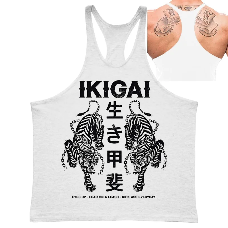 Mens Ikigai Japanese Tiger Graphic Stringer Tank Top Featuring Kanji Bodybuilding Gym Vest Summer Casual Sleeveless Shirt
