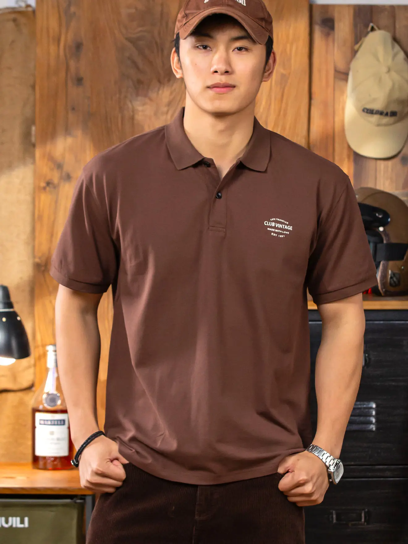 W-1355# Summer New American Retro Knitted Pearl Cotton Polo Shirts Men's Fashion Washed Short Sleeve Lapel Casual T-shirt