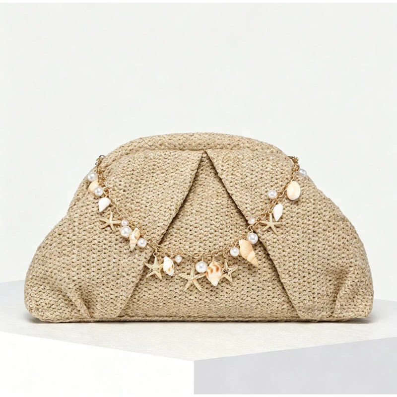 Vintage Häkel-Clutch, Retro-Handtasche für Damen, Sommer Boho Nieten-Dekor, gerüschte Handtasche mit wolkenförmigem Verschluss – Detail 9