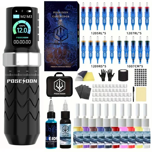 Kit de tatuaje POSEIDON, Kit de pluma de tatuaje Technolog para maquillaje permanente, Kit de máquina de tatuaje, fuente de alimentación de tatuaje ajustable, pistola de tatuaje