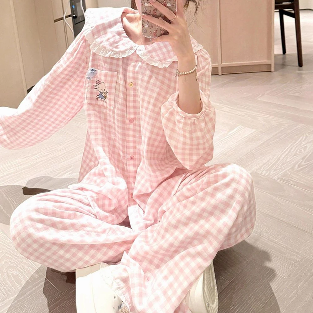 Neues Kawaii Pink Hello Kitty Herbst-Baumwoll-Pyjama-Set für Frauen 2025, Cartoon-Langarmhose, süße süße Mädchen-Hauskleidung