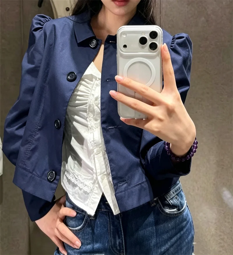 Guobioziy Women's Coat 2026 Early Autumn New Arrival Fashion Design Notched Collar Long Sleeve Pleated Shoulder Short Blazer