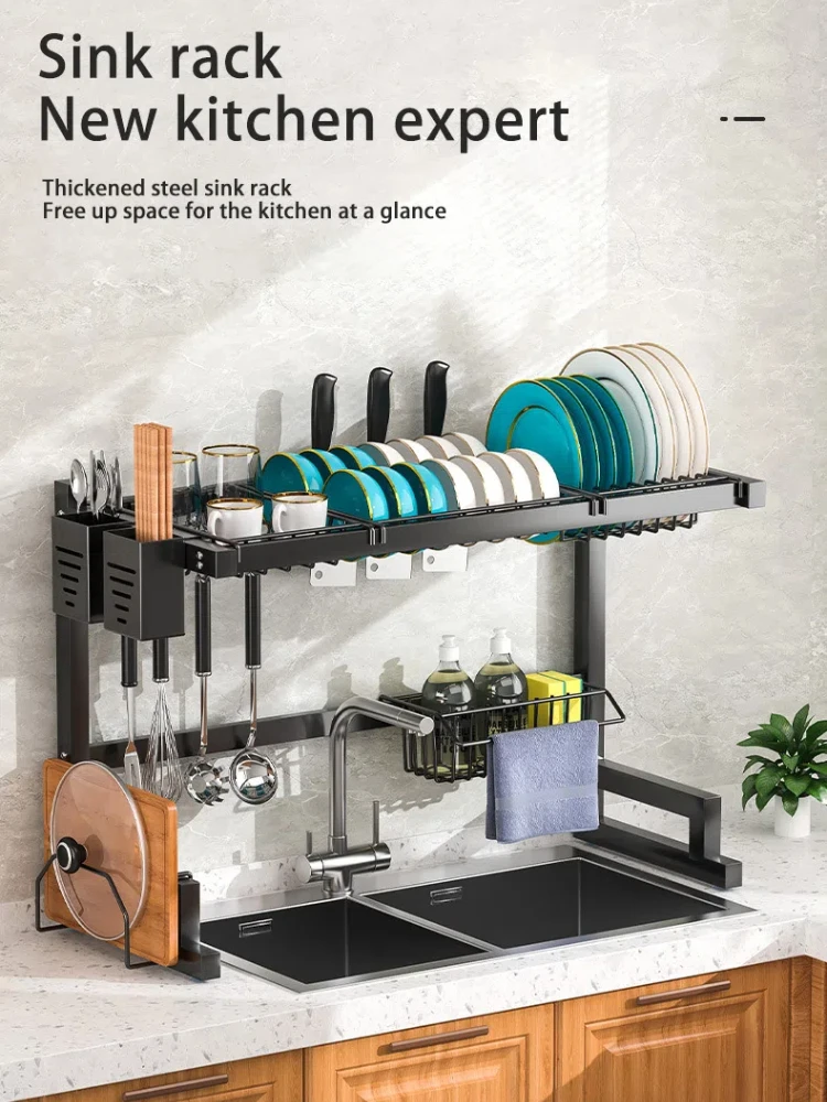 Kitchen Sink Rack Stainless Steel Drain Shelf Countertop Multi-Functional Storage Bowl Dish Knife Fork Organizing Rack