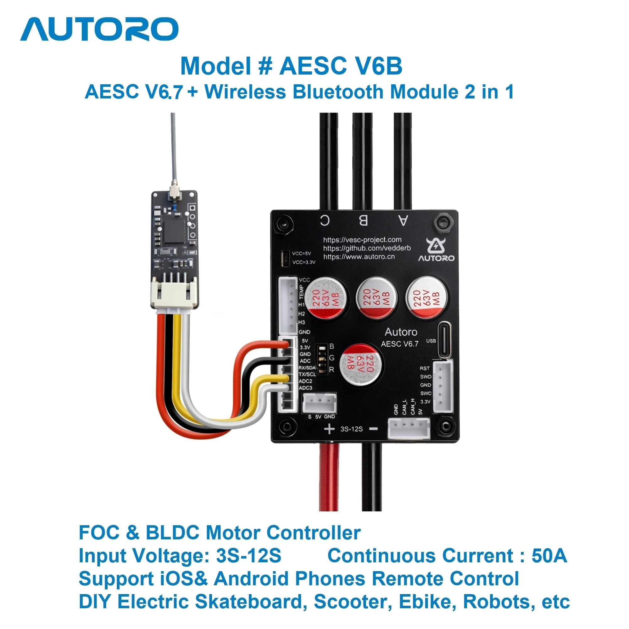Autoro AESC V6B ESC w Bluetooth BLDC FOC Motor Controller 12S 50A VESC 6 Controller for DIY Electric Skateboard Scooter Ebikes