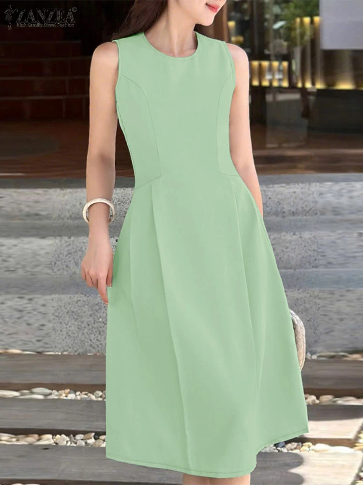 ZANZEA Elegant Office OL Dresses 2025 Women Stylish Party Dress Summer Sundress Short Sleeve Solid Work Midi Robe Waisted Robe