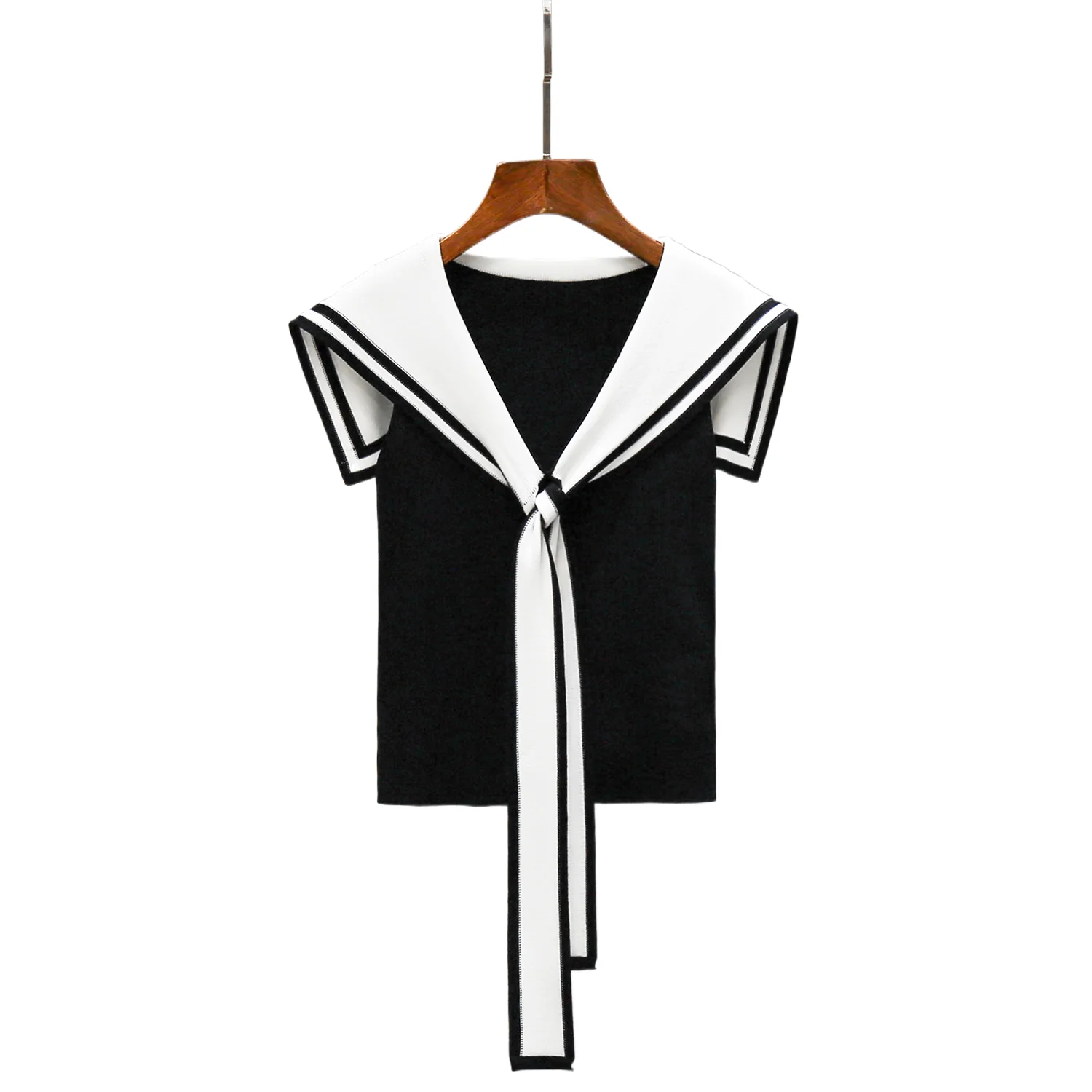 

Sweet Color Blo Navy Collar Knot Waist Svel Knitted Vest for Women Sli French Sle Slim Fit ort Length Top