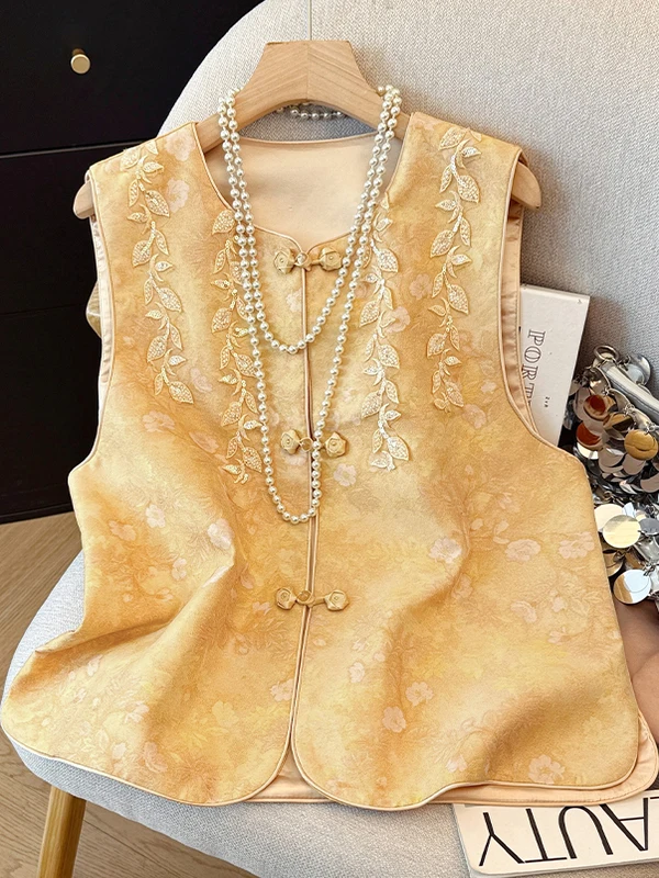 

Новый женский жилет в китайском стиле с тяжелой вышивкой, круглый топ на пуговицах, элитный топ в стиле ретро в национальном стиле, летний ирт