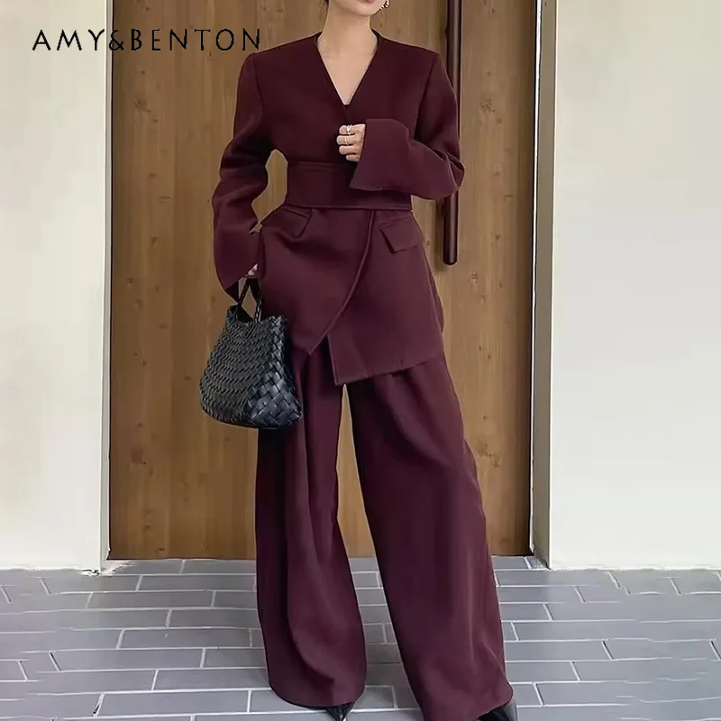 

Women's Trousers Set Fashion Commuter 2026 New Splicing Thin Suits High Waist Wide Leg Pants Fashion Solid Color Sets Ladies