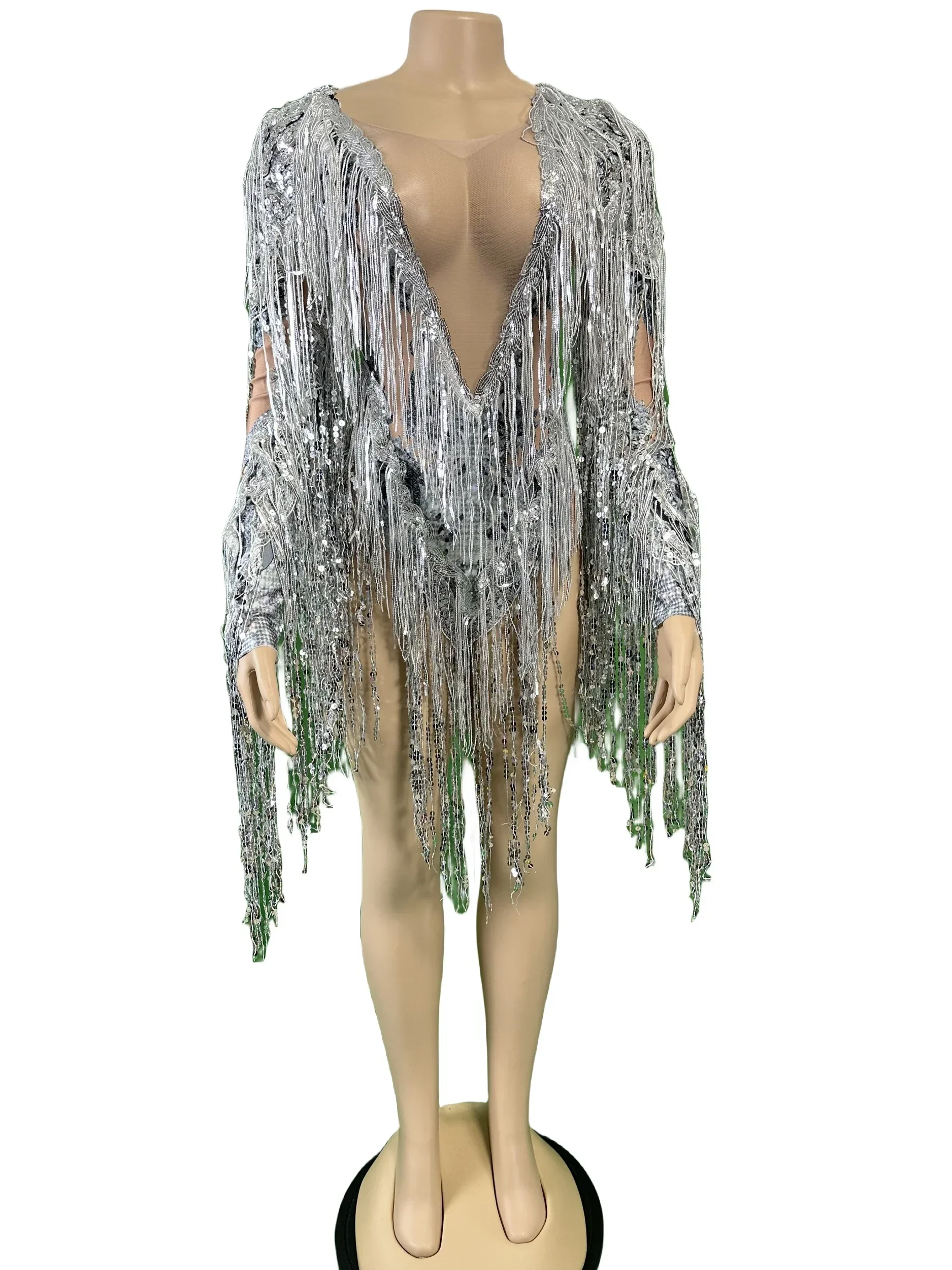 Women Tassel Silver Sparkly Sheer Sequins Bodysuits Singer Dancer Stage Wear Drag Queen Rhinestone Sexy Leotard