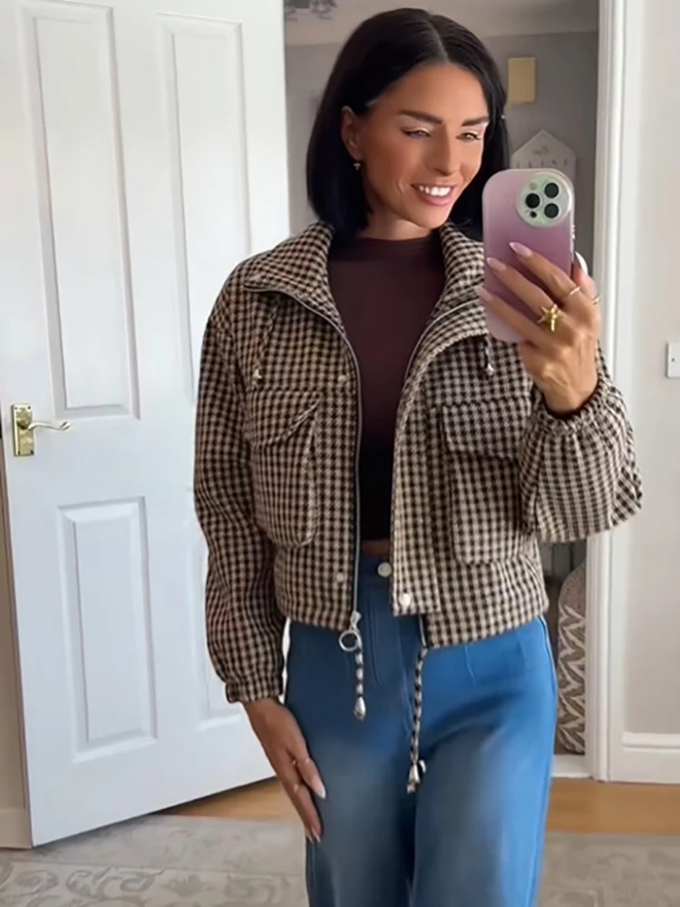 Retro Gingham-Karo Kurze Jacke mit Kordelzug, Stehkragen, Reißverschluss und Knöpfen, Damen Casual Herbst Street Daily Office Oberbekleidung