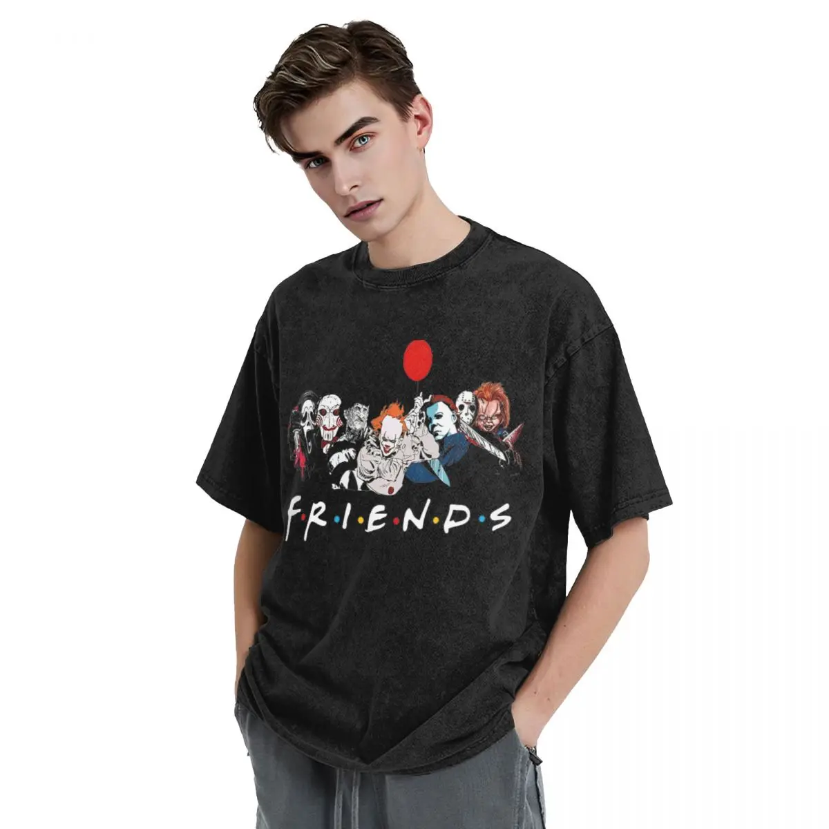 Washed T Shirt Friends Horror Halloween T-Shirts Oversize Stephen King Characters 100% Cotton Tops Tee Shirt for Men Women