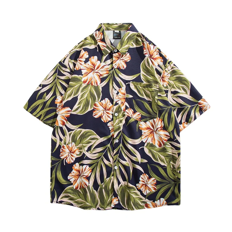 Summer Men's Hawaiian Retro Short Sleeve Flower Shirt Loose Handsome Beach Seaside Vacation Quick Drying Floral Shirt Coat