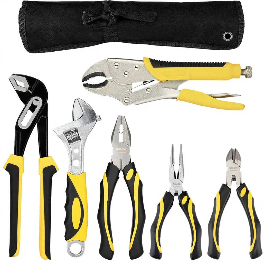 6-Piece Imperial Carbon Steel Pliers Set Kit Groove Joint Adjustable Wrench Locking Long Nose Diagonal Cutting Plastic
