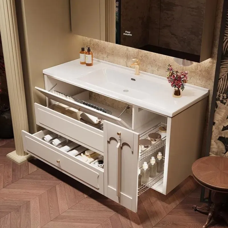 French Style Large Capacity Rubber Wood Bathroom Cabinet with Drawer Basket Integrated Ceramic Basin Vanity Unit