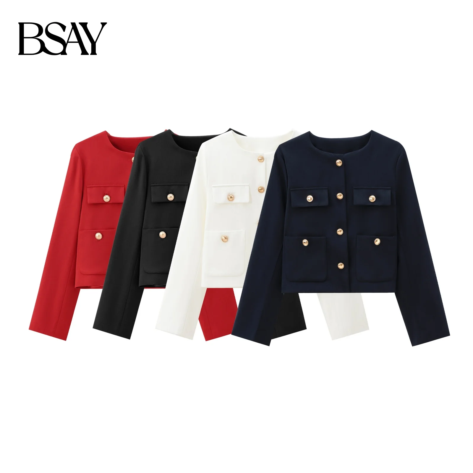 

BSAY женская модная осенняя новая повседневная куртка с круглым вырезом и длинными рукавами, однобортные короткие пальто с карманами, шикарные женские топы Mujer