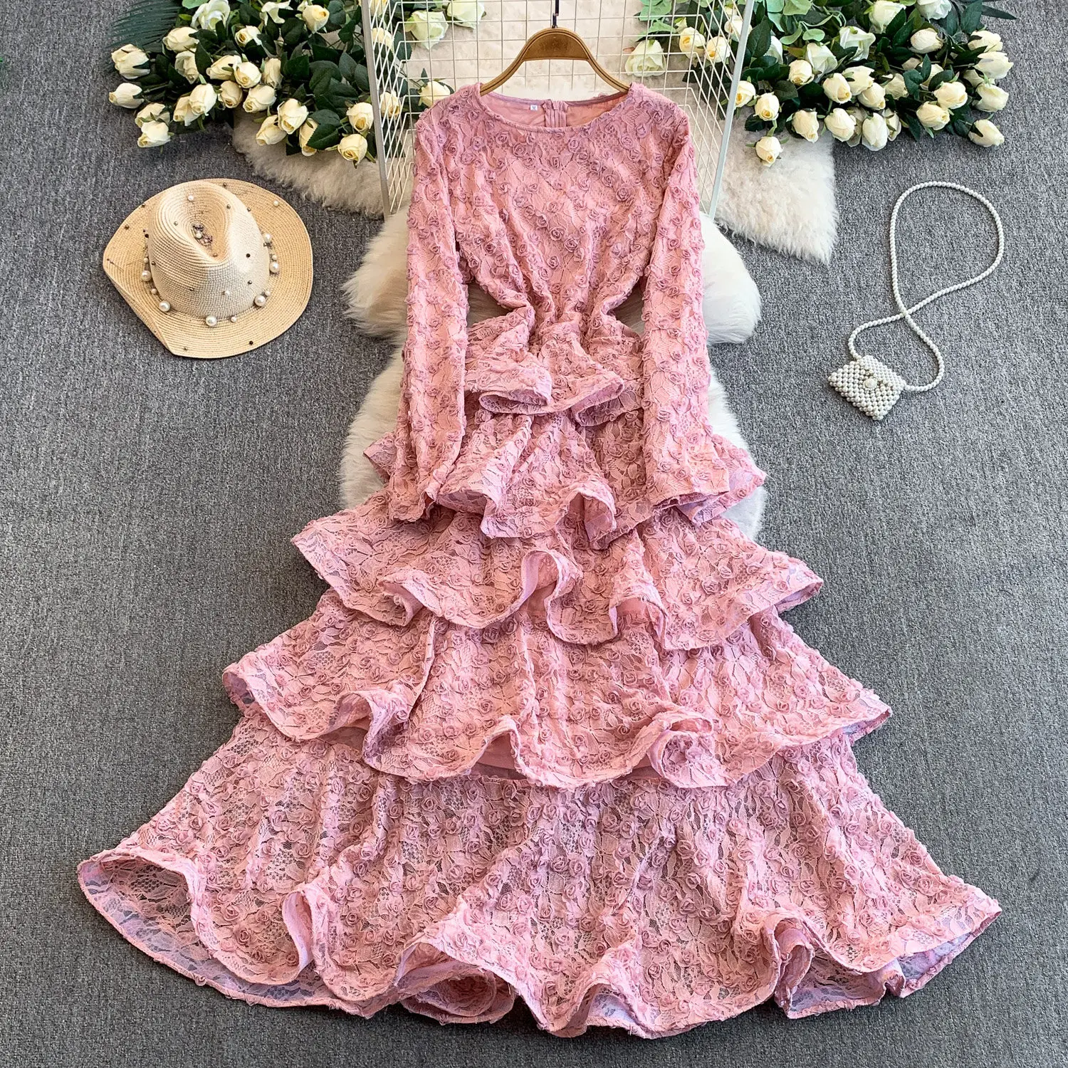 Vestido longo de renda rosa/preto/branco para mulheres, vestido de noite elegante com bordado rosa, manga larga, vestido de festa formal em camadas, novo