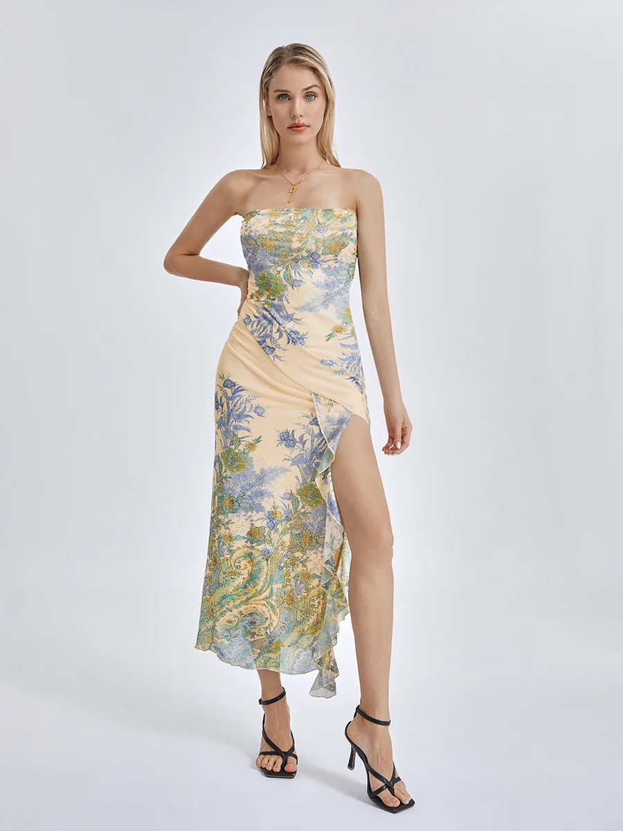 Vestido largo con estampado Floral sin tirantes para mujer, traje Sexy con volantes y abertura en la espalda, para cóctel y Club de verano