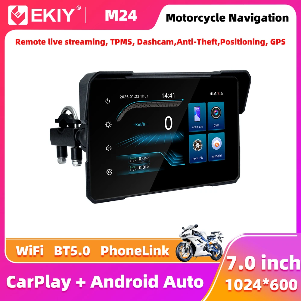 

EKIY 7" Digital Dashboard With Remote Live Streaming TPMS Camera GPS Motorcycle Navigation Wireless CarPlay Moto Android Auto