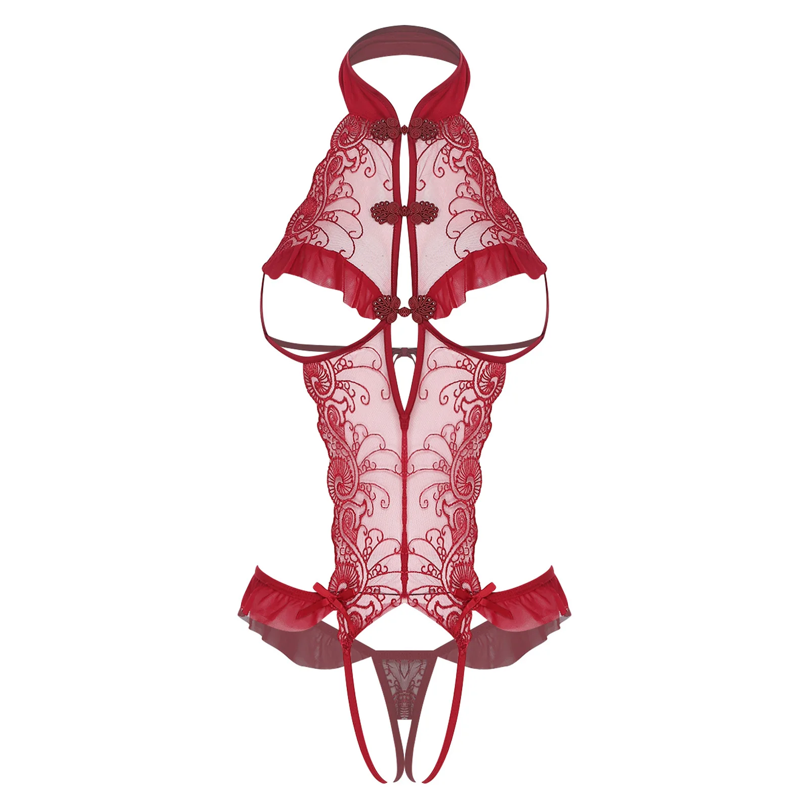 

Womens See Through Floral Lace Bodysuit Lingerie Open Cups Crotchless Ruffled Trim Backless Leotard Alluring Nightgown Sleepwear
