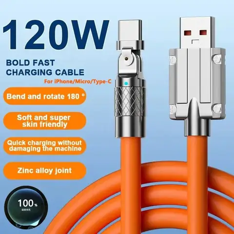 120W 7A Fast Charge USB Type C Cable 180 Degree Rotation Elbow Cable for Game for Xiaomi Redmi Honor Phone Charger USB C Cable