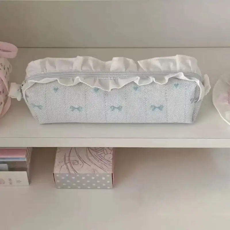 Cute Girl Lace Pencil Case High Capacity Bow Stationery Storage Bag Ballet Style Makeup Bag Girl Gift