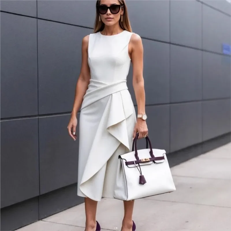 2025 Summer New Fashion Women's Dress Solid Color Waisted Sleeveless Asymmetrical Long Dresses Temperament Office Ladies Commute