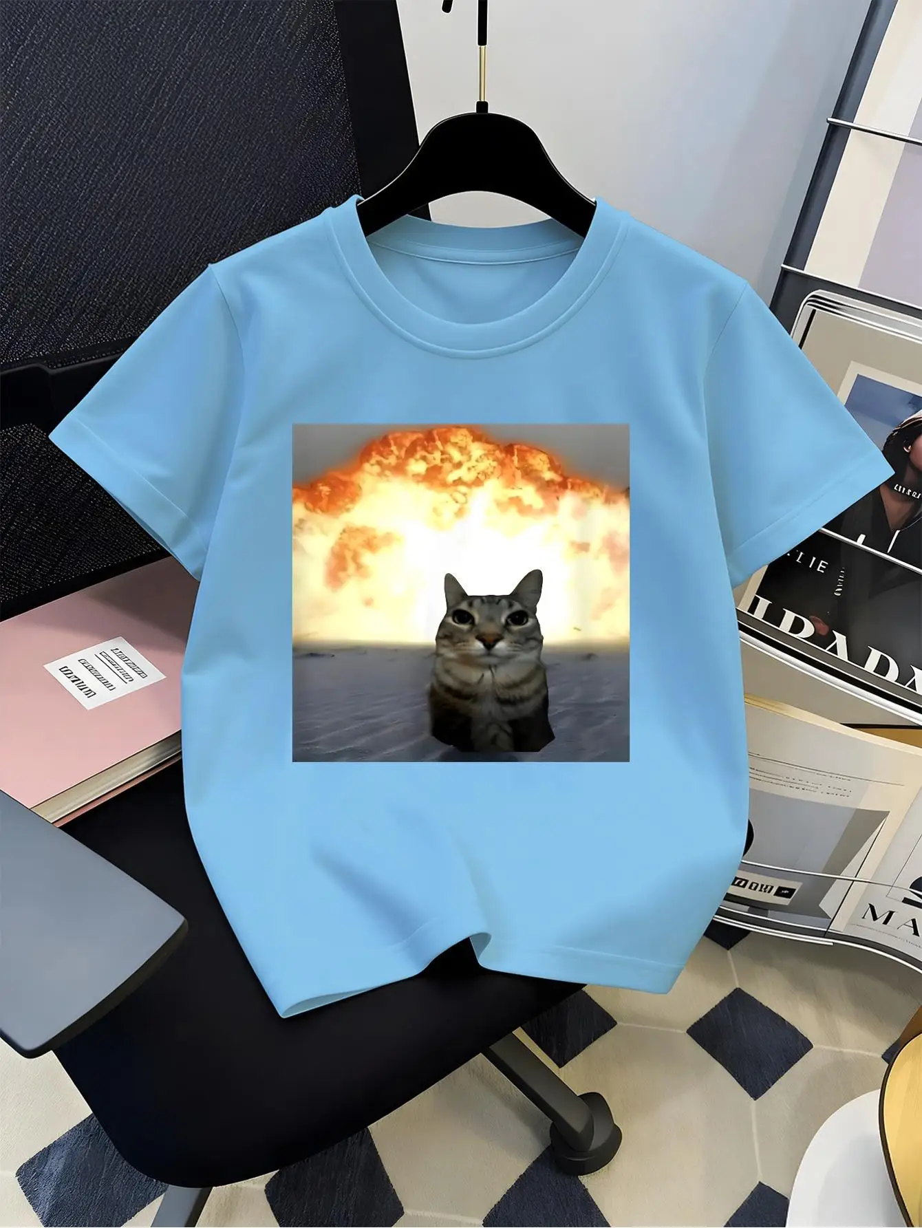 Kids Family Matching Short Tshirt Boys Girls Funny Cat With Big Explosion Background Meme Photo Print Casual Parent Child Tee