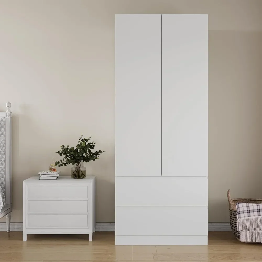 White Armoire Wardrobe Closet with 2 Doors & 2 Drawers, Bedroom Armoire Clothes Organizer with Hanging Rod