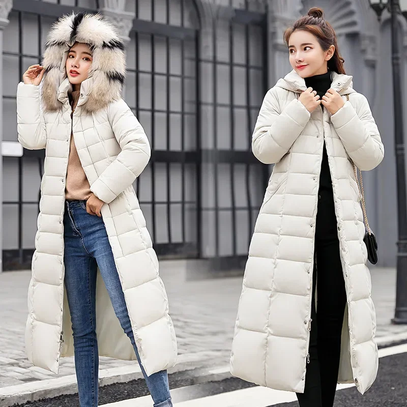 2023 New Winter Jacket Women's Warm Fashion Bow Belt Fox Fur Collar Coat Long Dress Women's Thick Coat