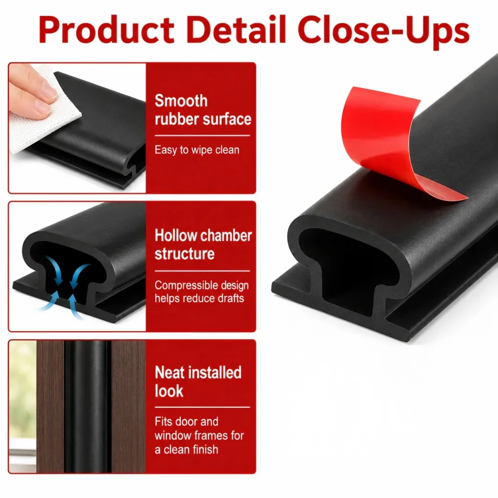 6M Door Gap Seal Strip Rubber Soundproof Insulation Self Adhesive Window Frame Weather Stripping Hollow Cavity Design