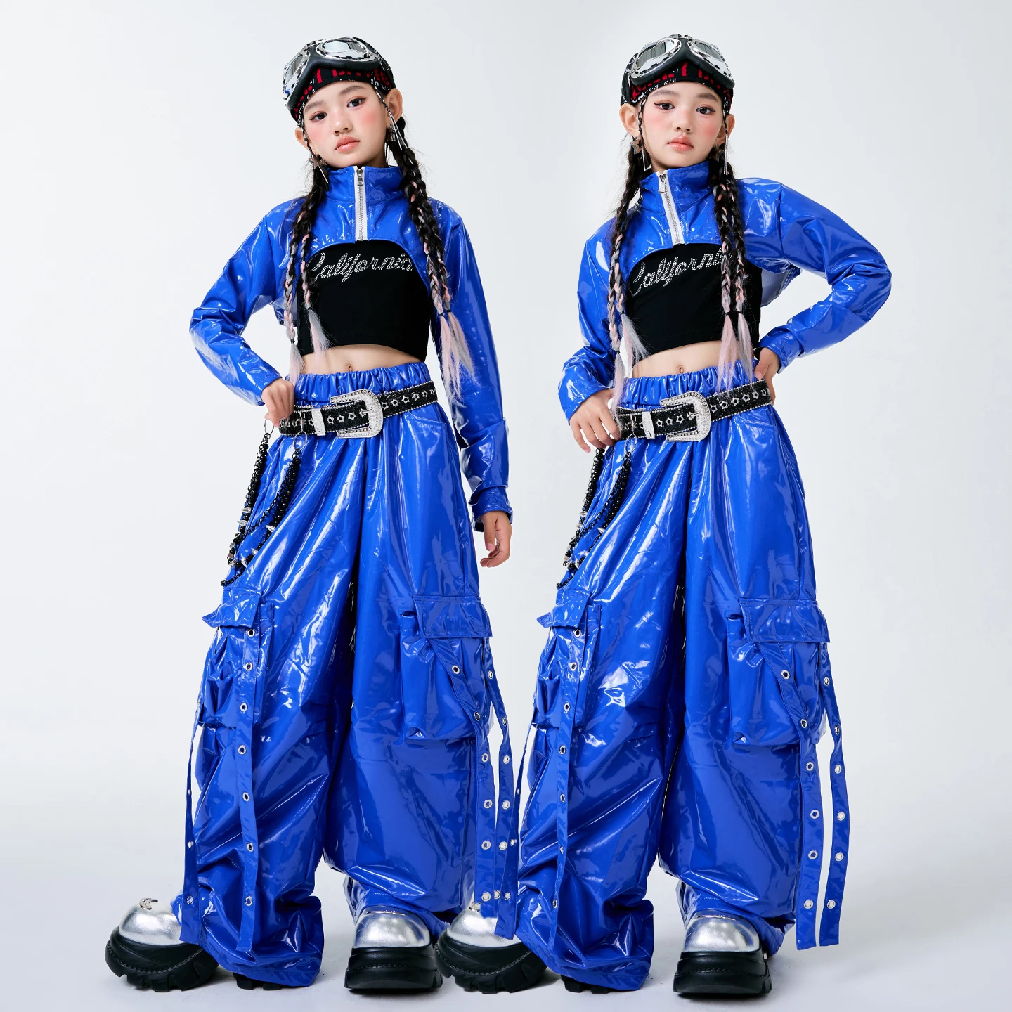 2025 الأطفال قاعة الرقص الهيب هوب أزياء رقص للفتيات المحاصيل القمم الهيب هوب السراويل الأزرق بدلة جلدية الجاز الرقص مرحلة الهذيان الملابس