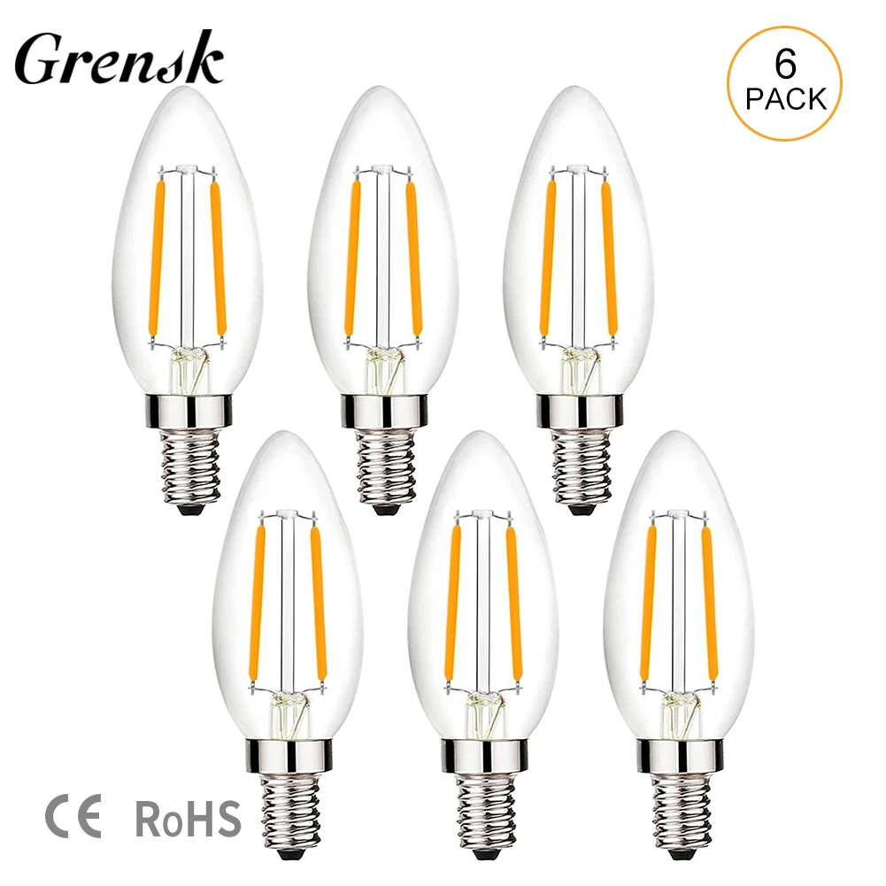 C35 Candle Led Filament Bulb E14 European Base 2W LED Candelabra Light Bulb 2700K Warm White Chandelier Pendant Replacement Bulb