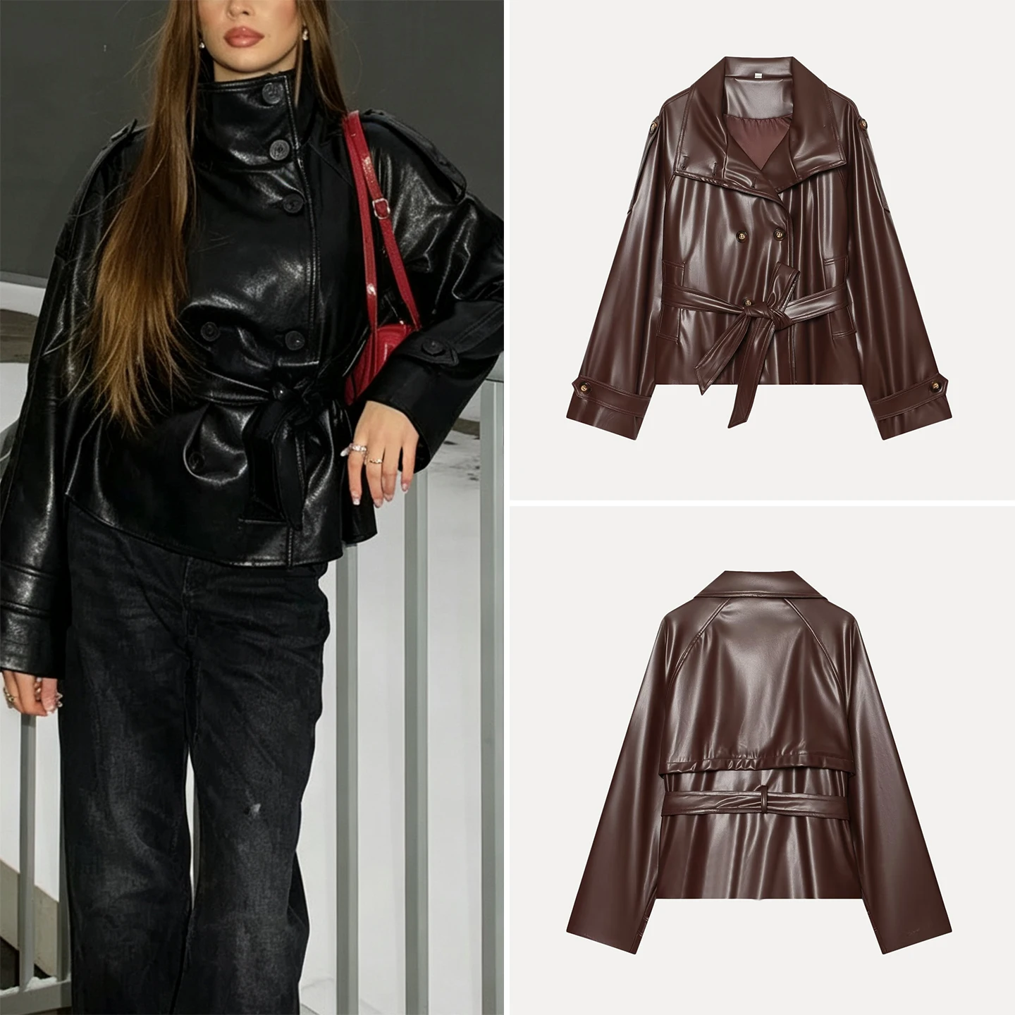Women's Fashionable Short Windbreaker Coat 2026 Autumn Seasonal Personality Matched Buttoned Stand Collar Belted Outerwear
