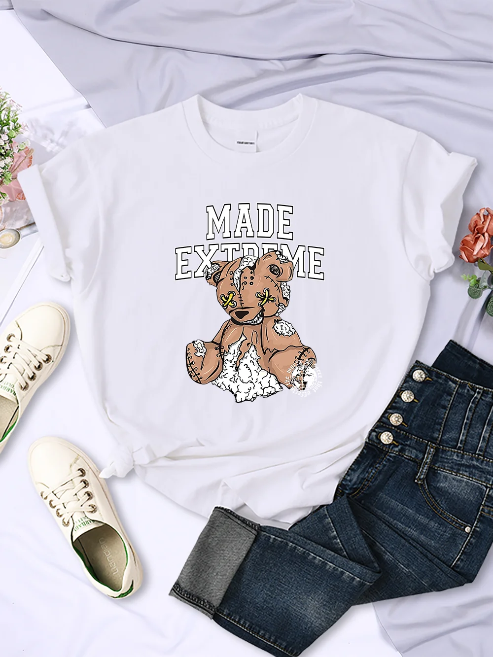 Made Extreme Broken Teddy Bear Doll T-Shirt Women Summer O-Neck T Shirts Breathable Short Sleeve Sport Casual T Shirt Female