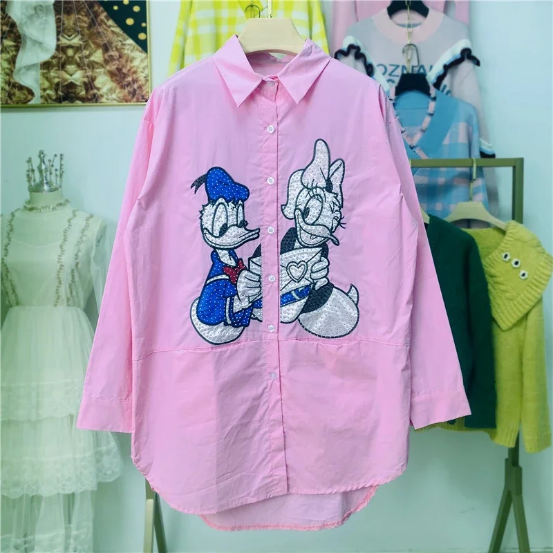 Cartoon Printed White Long-Sleeved Shirts Women Summer Design Loose Slimming Casual Sun-Proof Thin Tops Blusas Mujer