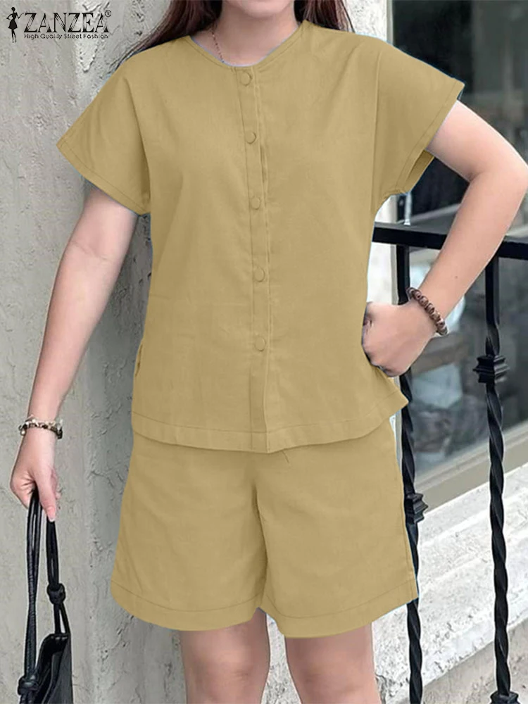 

ZANZEA Woman Summer 2pcs Suits Elastic Waist Shorts Short Sleeve O-Neck Shirts Cotton Linen Day Wear 2 Piece Sets Short Sets