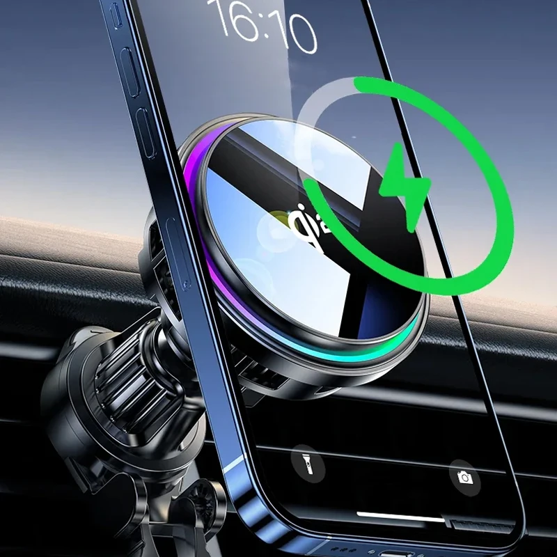 Magnetic Wireless Car Charger Phone Holder Ice Cooling RGB Tempered Glass Fast Charging Radiator For Magsafe iPhone Samsung