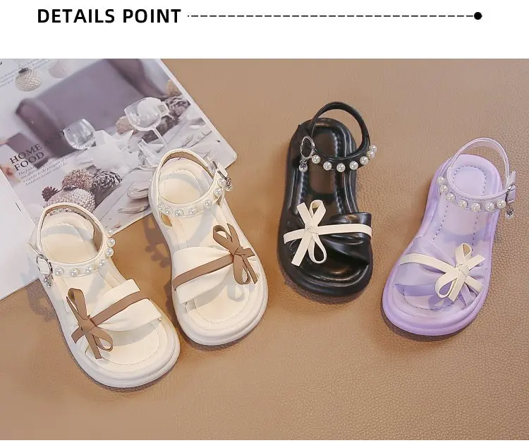 2026 Neue Sommer Kleinkind Schleifen-Strandschuhe Prinzessinnen Mädchen Leder Sandalen mit Perlenriemen Weiche Sohle Klassisch Elegant Party – Detail 4
