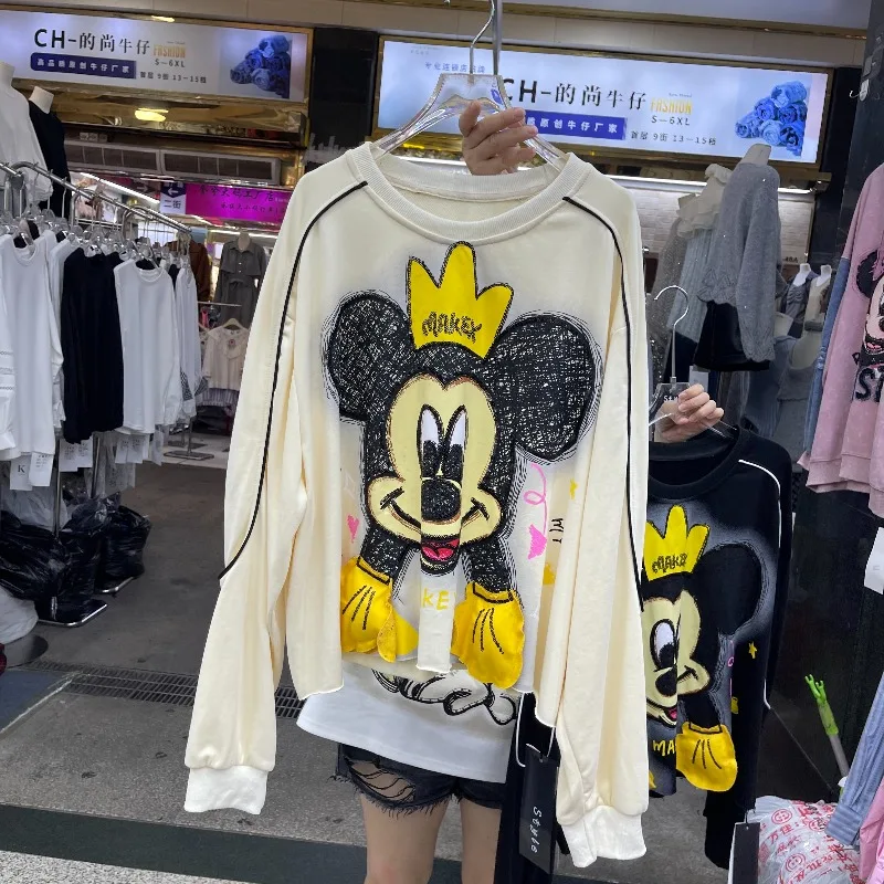 2025 Autumn New Heavy Beaded Cartoon Crew Neck Sweatshirt For Women's Loose Casual Pullover Top Long Sleeves Kawaii Y2k Sudadera